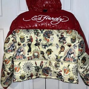 Ed Hardy “Ladies Vintage Puffer Pattern” Jacket Red Multi Size Small NWT